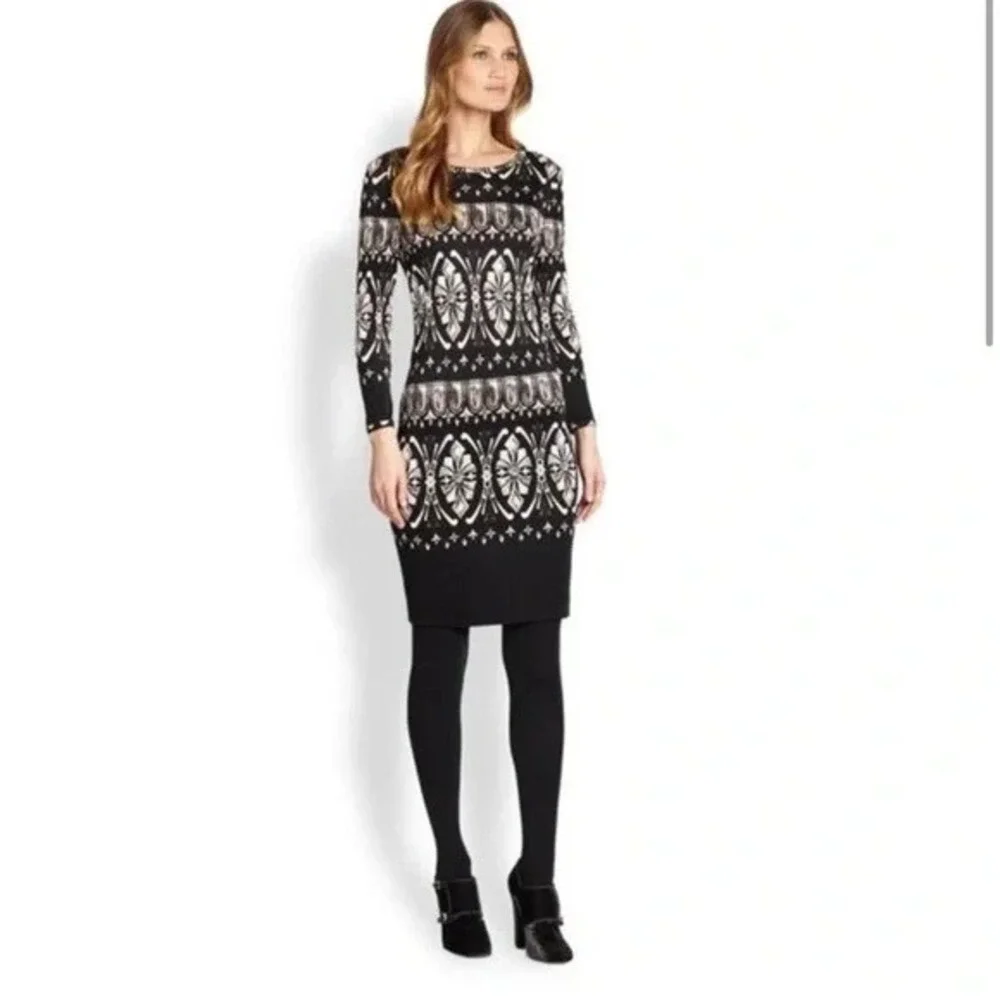 Tory Burch Silk Sheath Dress Womens Small Black‎ White Print Long Sleeve